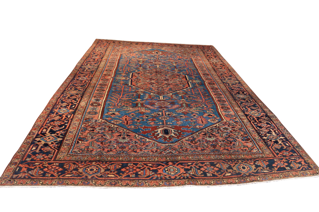 Coral and Blue Tribal Heriz Rug. 97 x 139 in. image 3