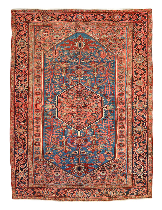 Coral and Blue Tribal Heriz Rug. 97 x 139 in. image 0
