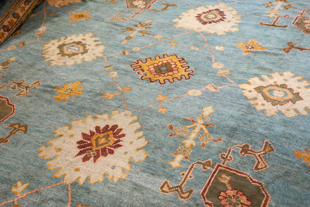 Orange & Teal Blue Oushak Rug. 168 x 175 in.