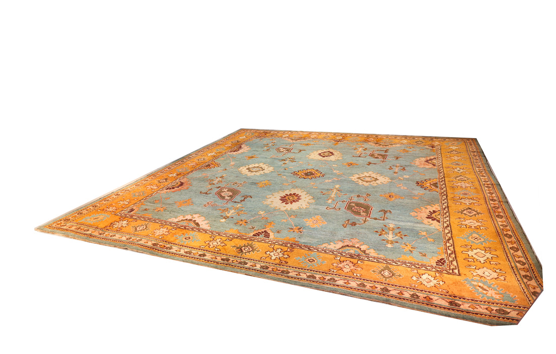 Orange & Teal Blue Oushak Rug. 168 x 175 in.