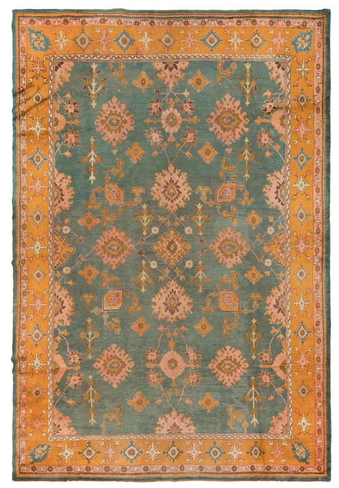 Orange & Teal Blue Oushak Rug. 195 x 153 in.